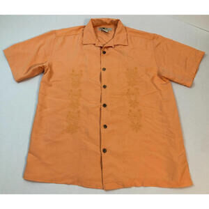 Joe Marlin Men’s Button Up Shirt Creamy Orange Embroidered Floral Hawaii  Size L
